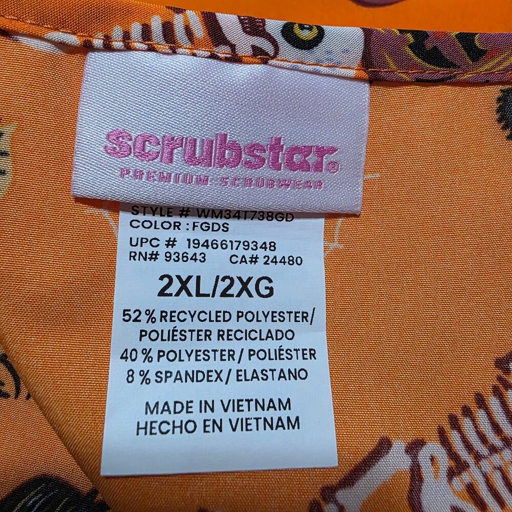 Scrubstar Cat Spider Skeleton V Neck Print Scrub Top​ Womens Orange Soft Fabric - Picture 8 of 10